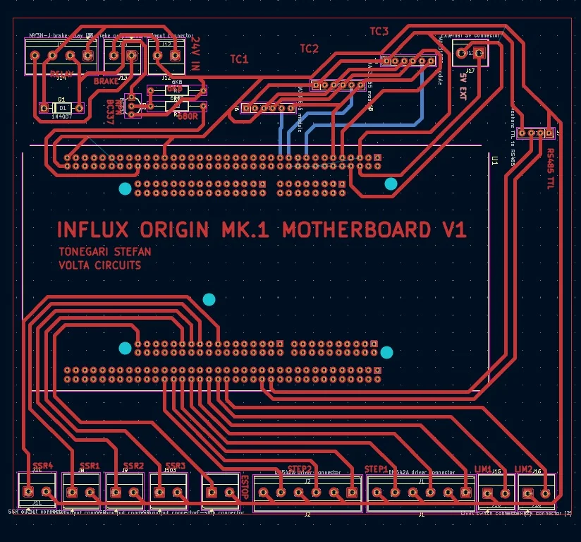 Landscape view of the InFlux Origin motherboard PCB layout